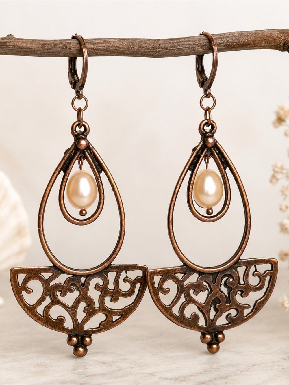Freshwater Pearl Antique Copper Chandelier Filigree Statement Earrings